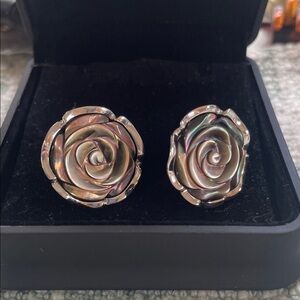 Tahitian Mother of Pearl Hand Carved “Blooming” Rose Stud Earrings in 925